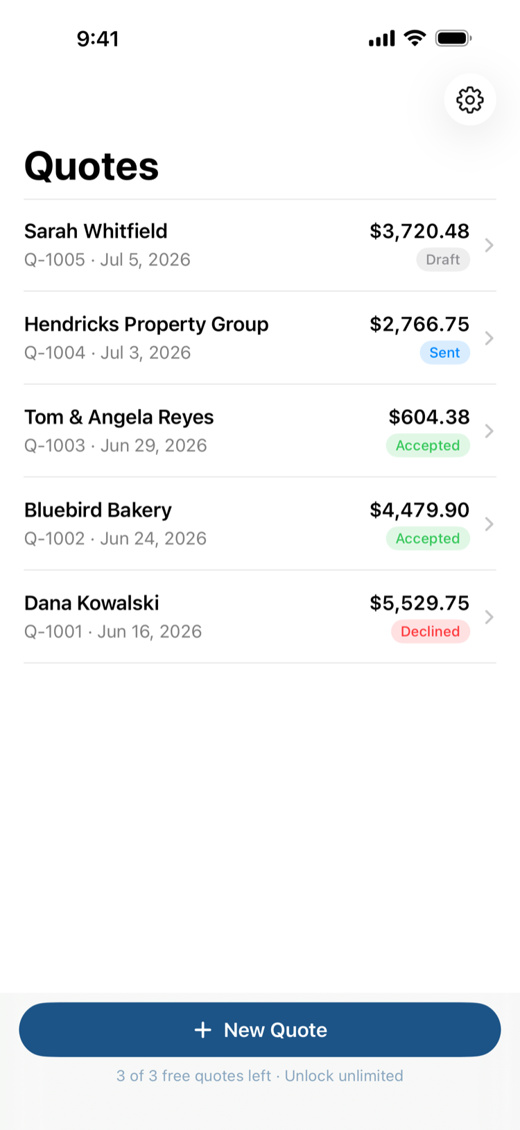 QuoteCraft quote list showing quotes with statuses and totals