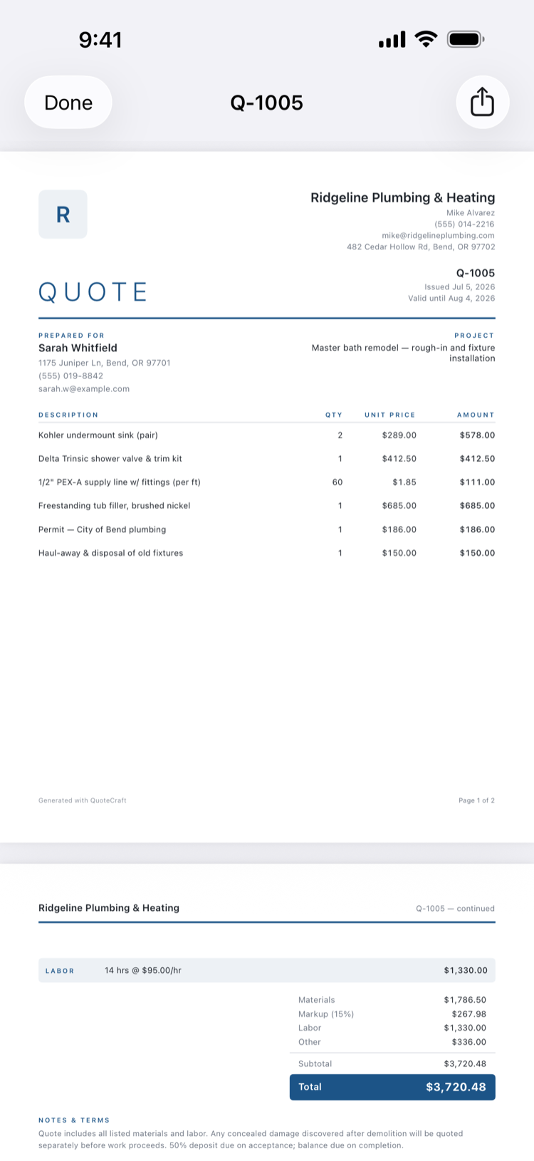 QuoteCraft PDF preview of a professional quote document